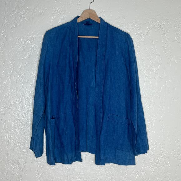 Purejill Women's Indigo Linen Open Front Blazer Jacket with Patch Pockets Medium - Picture 1 of 8